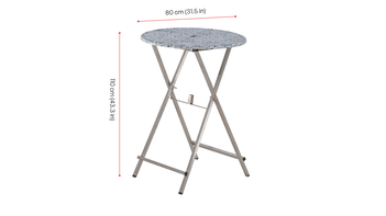 Runder Stehtisch "Unkaputtbar" mit 80 cm Tischplatte und Schirmloch. Die Höhe beträgt 110 cm.