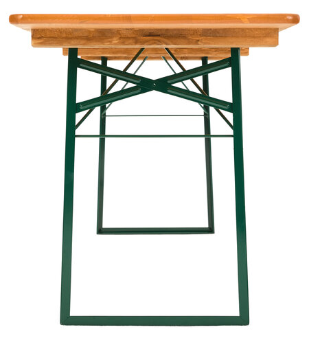 The frontal view of the classic beer bench in pine.