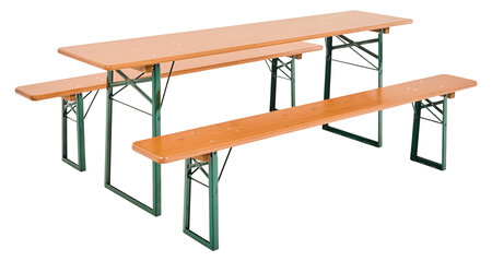 The classic beer garden table sets in pine color.