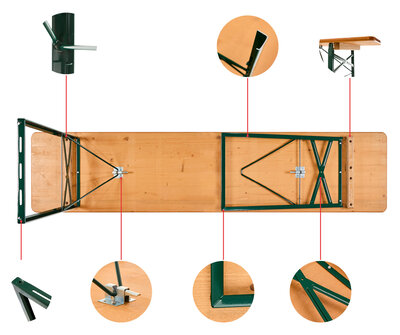 The bottom of the classic beer garden table set with detail photos are shown in this graphic.