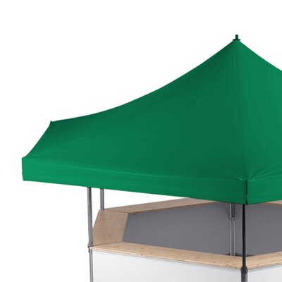 The beer stand has a green roof.