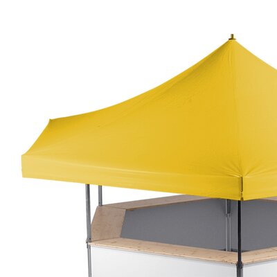 The beer stand has a yellow roof.