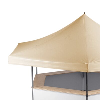 A beer stand with a roof in the color cream.
