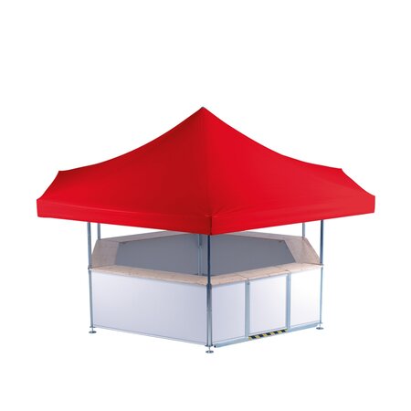 A beerstand with a hexagonal red roof.
