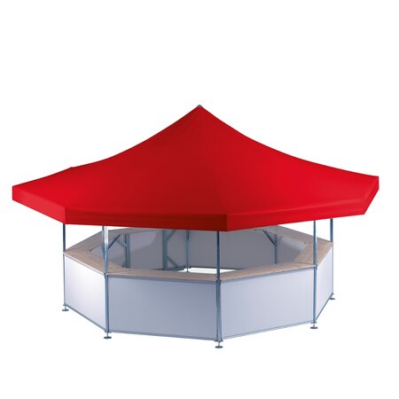 A beerstand with a red octagonal roof.