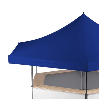 The beer stand has a dark blue roof.