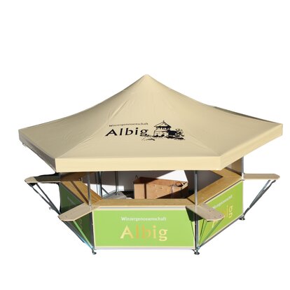 Cream and green beer stand is printed with logo.