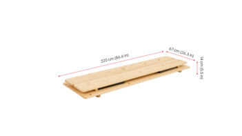 Die 67 cm Bierzeltgarnitur in der Farbe Natur wird mit ihren zusammengeklappten Maßen dargestellt.