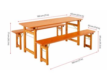 Die Designgarnitur Rustica in Fichte wird mit ihren Maßen dargestellt.