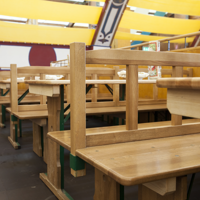 A custom beer garden table set made from specialty wood for the customer.
