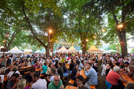 Visitors to the Street Food Festival have taken their seats on the classic beer garden table sets.